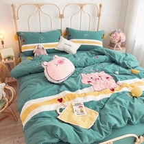 ins foreign trade parent-child 100% washed cotton four-piece set cute embroidery cute pig childrens quilt cover 1 5 bedding