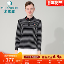 Milandon middle-aged and elderly mother POLO collar striped long sleeve sweater fashion autumn foreign style shirt Women