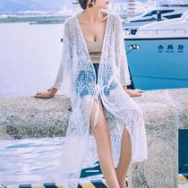 Beach honeymoon vacation big size fat man slim net shirt sunscreen White Hollow cover bikini swimsuit outside