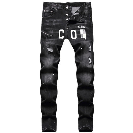 Fashion brand ripped black zipper decoration dot paint slim elastic jeans men's casual button placket small feet large size Fashion brand ripped black zipper decoration dot paint slim elastic jeans men's casual button placket small feet large size