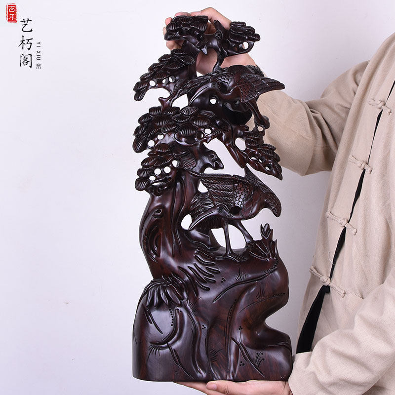 黑檀木雕松鹤延年摆件红木雕刻工艺品家居饰品生日送礼黄花梨客厅_7折