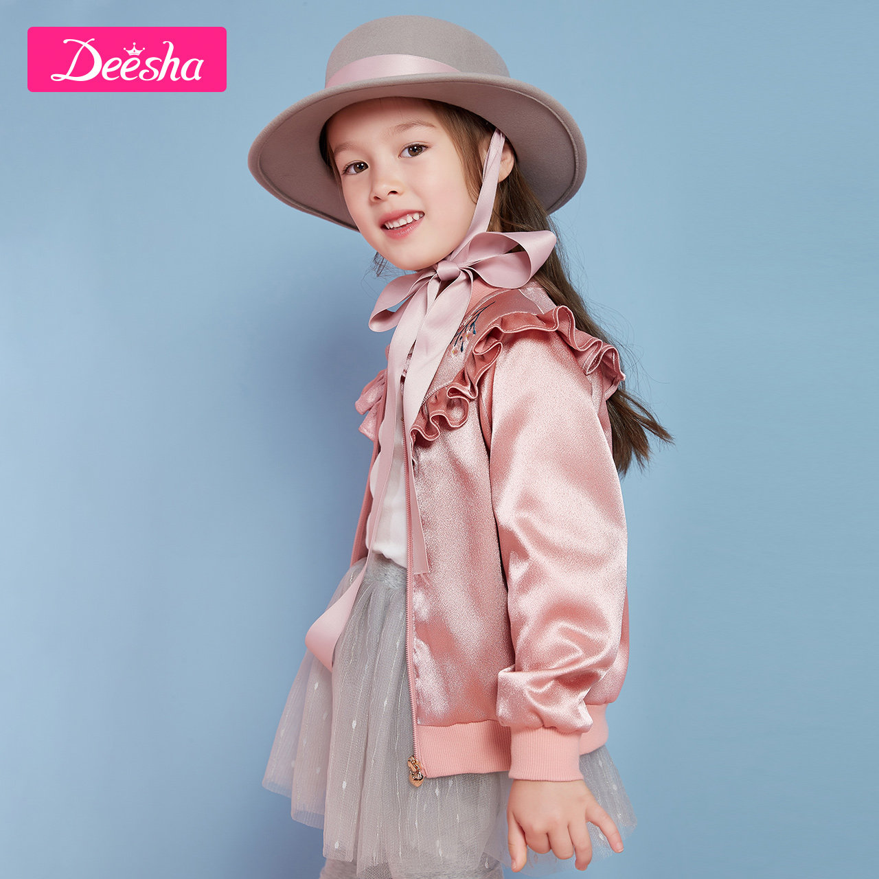 笛莎童装女童外套2018秋款新款中大童儿童木耳边拉链休闲外套