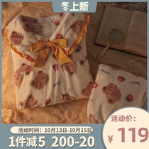 Strawberry bear Japanese doll collar flannel pajamas womens autumn and winter thickened warm and lovely student home clothes