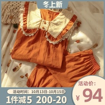 Japanese court retro cute doll collar cotton pajamas Womens Spring and Autumn long sleeved pajamas pajamas home clothing womens suits