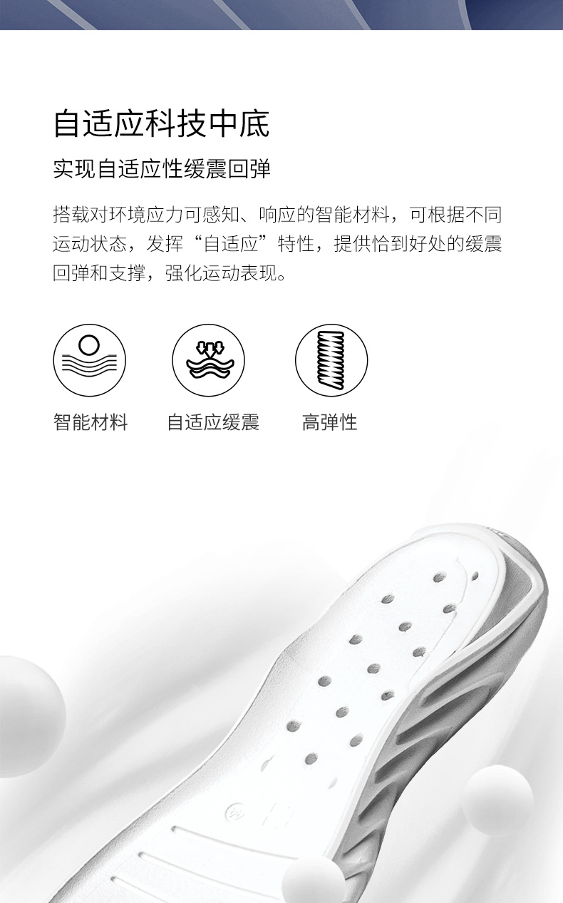 自适应科技中底实现自适应性缓震回弹苔载对环境应力可感知、响应的智能材料,可根据不同运动状态,发挥“自适应”特性,提供恰到好处的缓震回弹和支撑,强化运动表现。智能材料自适应缓震高弹性-推好价 | 品质生活 精选好价