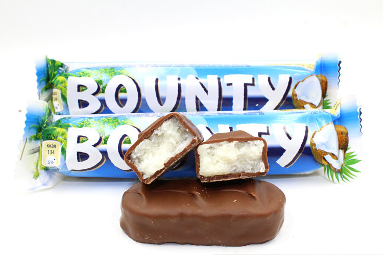 俄罗斯进口巧克力零食椰蓉巧克力棒bounty朱古力椰子肉55g满包邮