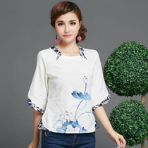 Clearance cotton jersey literary National style female embroidered flower buckle stand collar short sleeve T-shirt top skirt pants