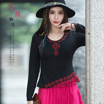 Embroidered base shirt ethnic women long sleeve T-shirt handmade nail drill mesh lace pendulum 2020 autumn and winter New