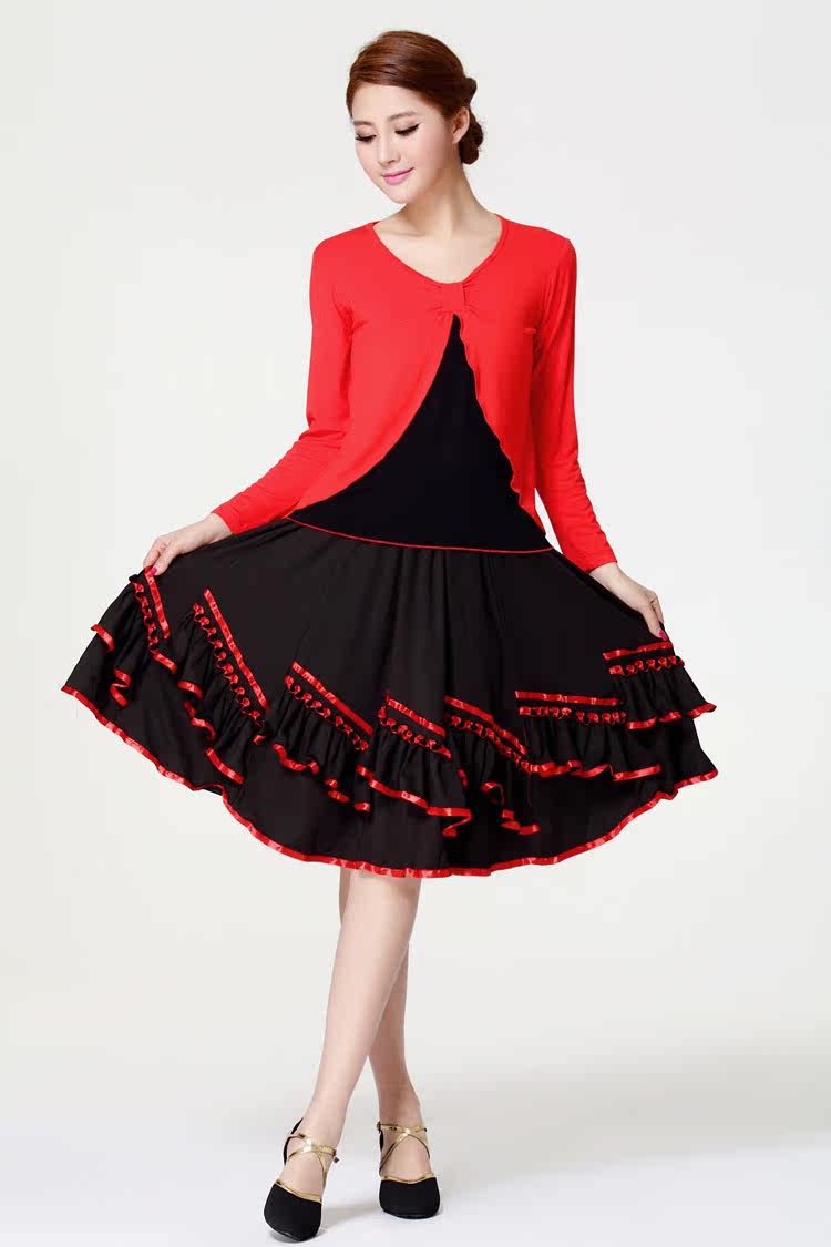 蝴蝶扣结广场舞交谊舞摩登舞比赛服装套装假两件上衣大摆裙 新款