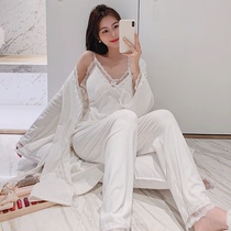 Pajamas women autumn and winter Silver Fox velvet beautiful sexy lace robe white suspenders home suit three-piece set