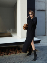 Z boss autumn and winter wool knitted modified cheongsam skirt V-neck diamond stitching sleeve long dress female