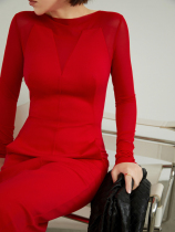 Z boss word collar geometric stitching dress yarn mesh medium long-sleeved slim-fit dress for women