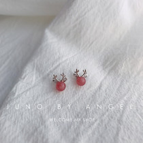 S925 sterling silver forest christmas antler earrings female small fresh peach blossom strawberry crystal student pink crystal earrings