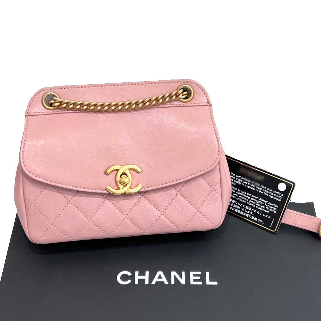 正品[9.8新]chanel香奈儿粉色小号牛皮元宝包单肩斜挎包公价24700
