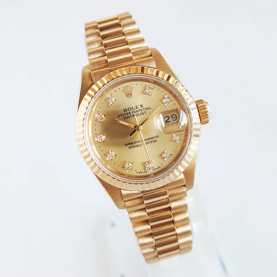 正品劳力士女表日志型69178金盘原镶钻18k黄金自动机械手表9.8新