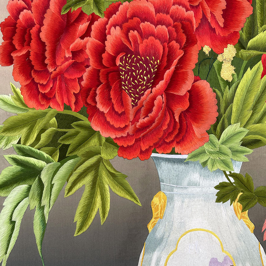 匠心苏绣《插花瓶》 家居装饰挂画 工艺礼品送礼刺绣真丝