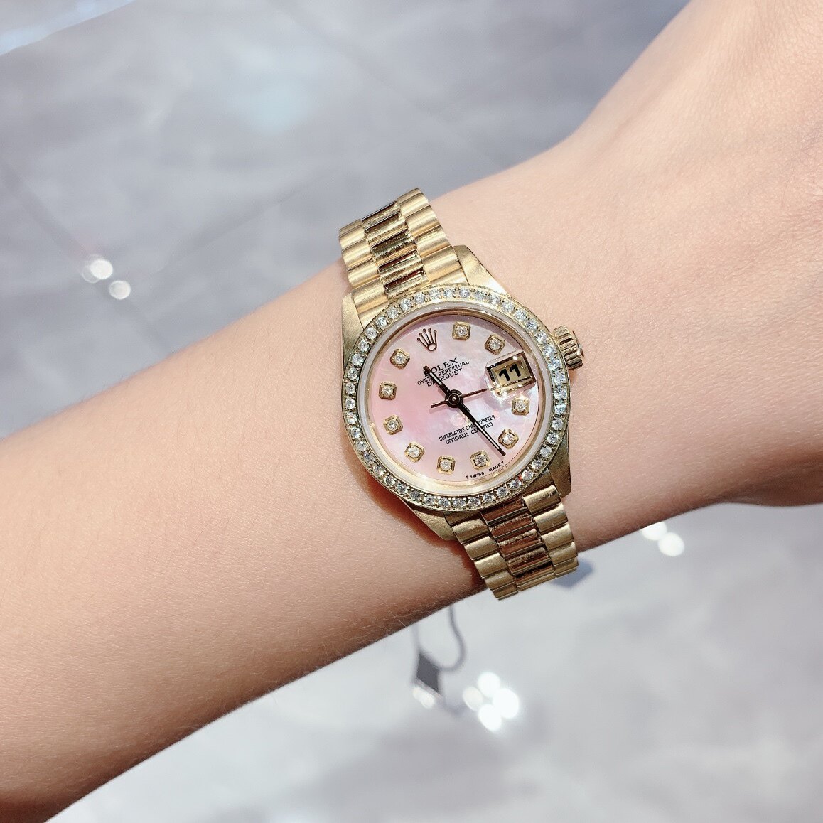 98新劳力士粉贝母日志型系列黄金镶钻自动机械手表女士正品69178