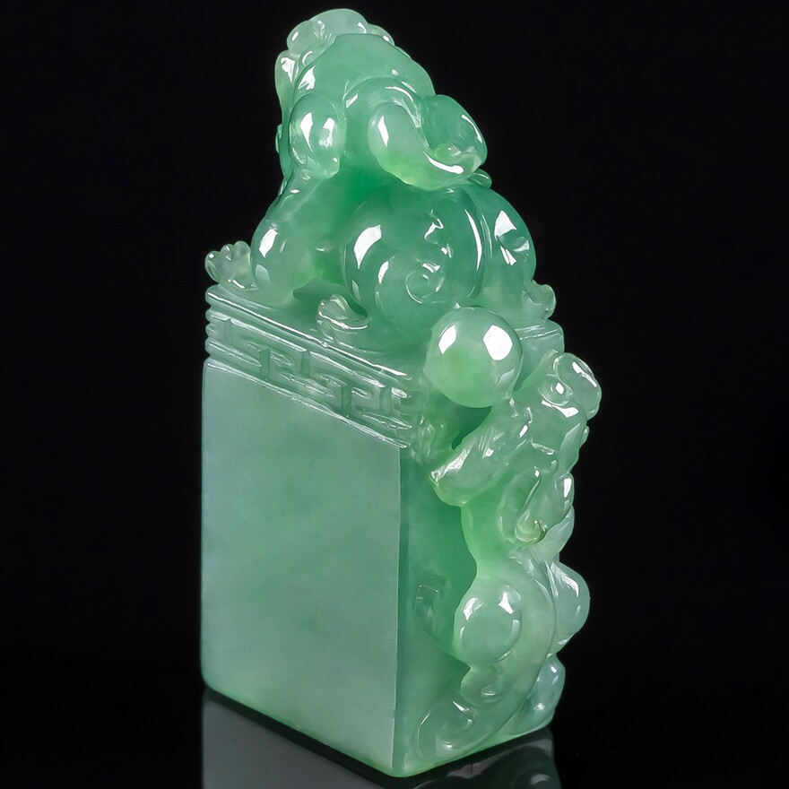 瑞兽招财天然缅甸a货翡翠冰糯种浅绿貔貅印章手把件带证书25.36