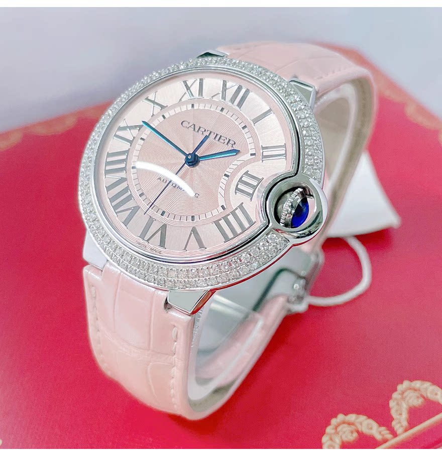 卡地亚女表蓝气球36表径粉盘自动机械手表女士正品9.8新wsbb0007