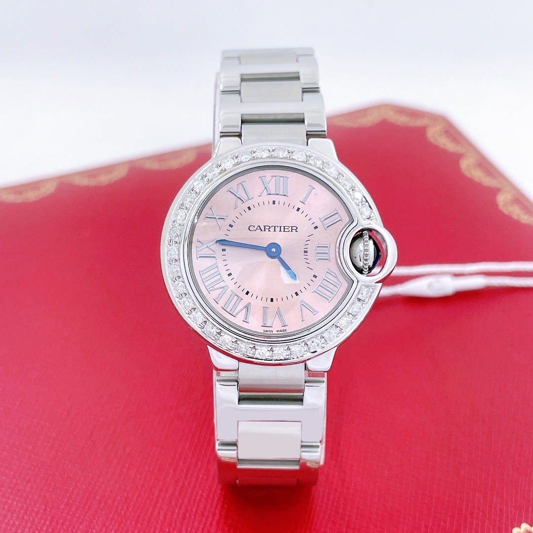 卡地亚女表蓝气球系列精钢粉盘镶钻28mm石英表w6920038正品9.8新