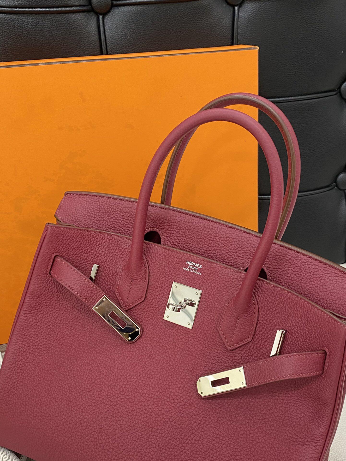 [9.8新]hermes爱马仕石榴红银扣birkin30铂金包高级感手提包正品