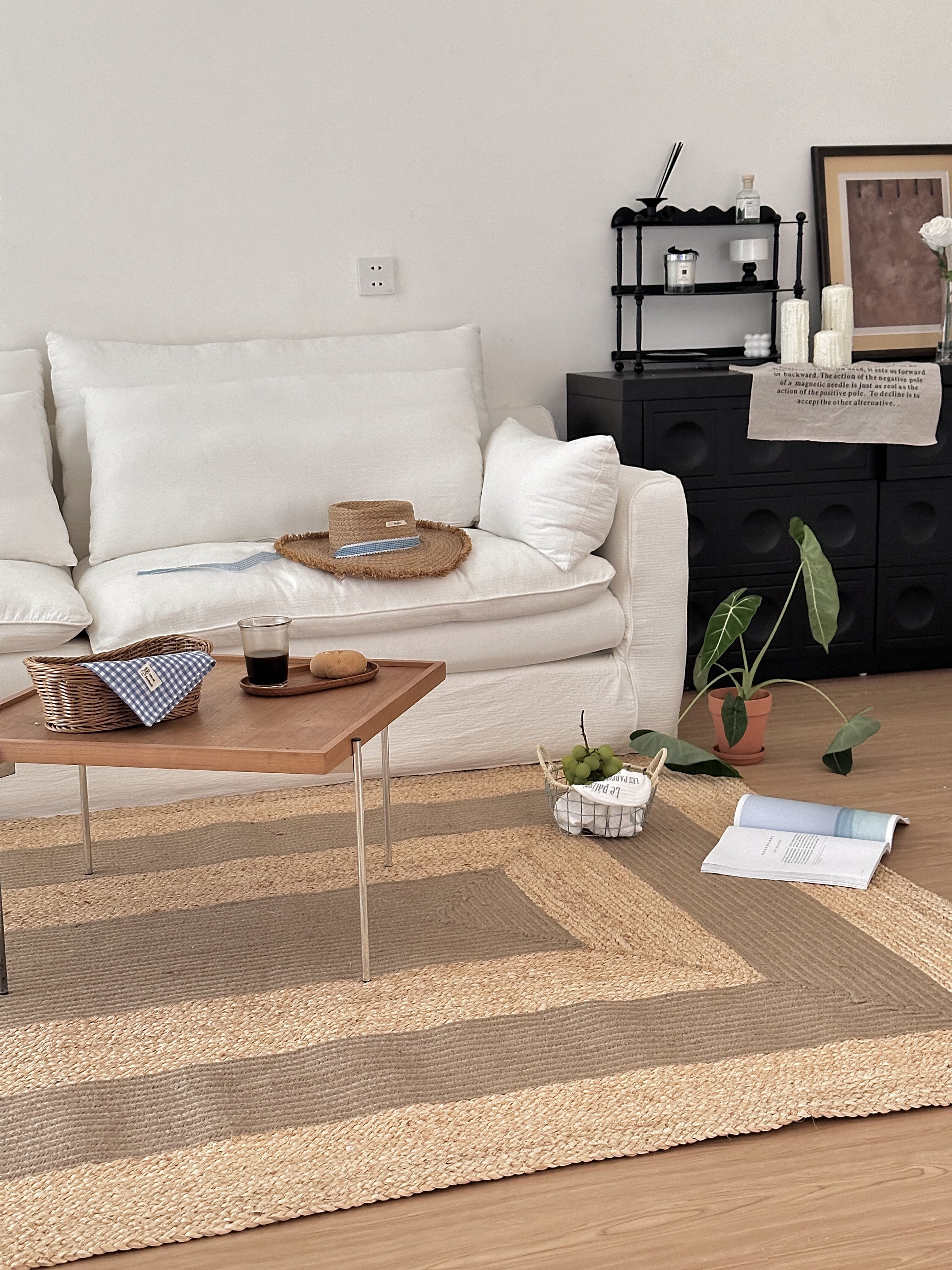 天然拉菲草黄麻客厅无胶茶几地毯纯手工编织茶室原木风衣帽间地垫