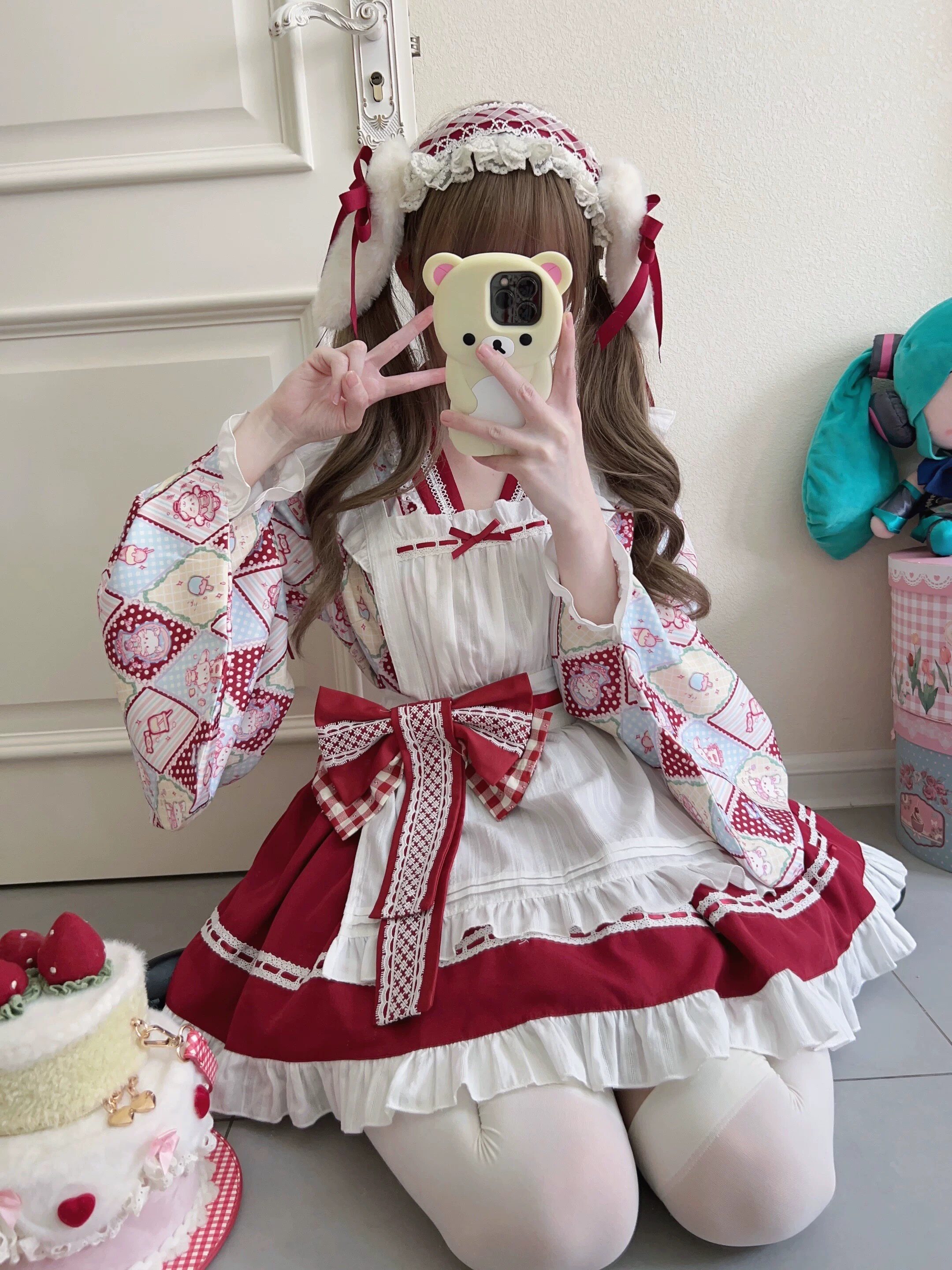 可爱甜美少女感lolita洛丽塔少女感减龄日系女仆装印花上衣三件套