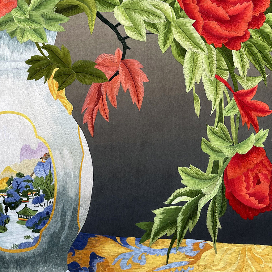 匠心苏绣《插花瓶》 家居装饰挂画 工艺礼品送礼刺绣真丝