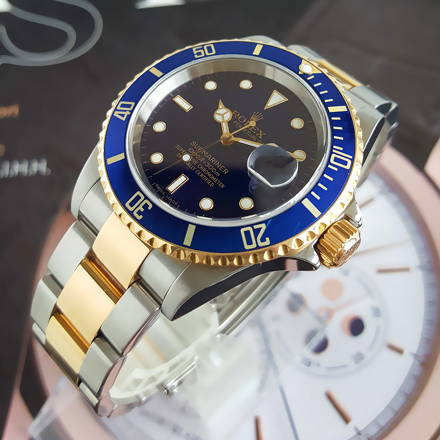 劳力士蓝水鬼手表男潜航者18k黄金精钢自动机械表16613正品9.8新