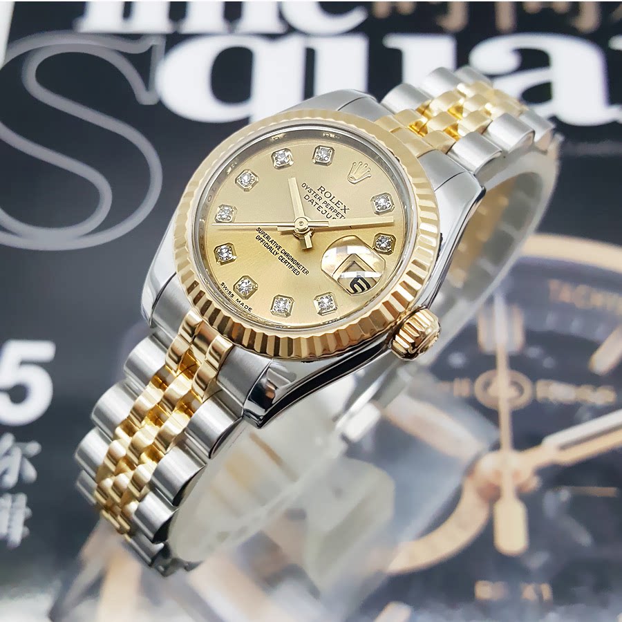 8新]劳力士女表日志型179173香槟盘18k黄金精钢女