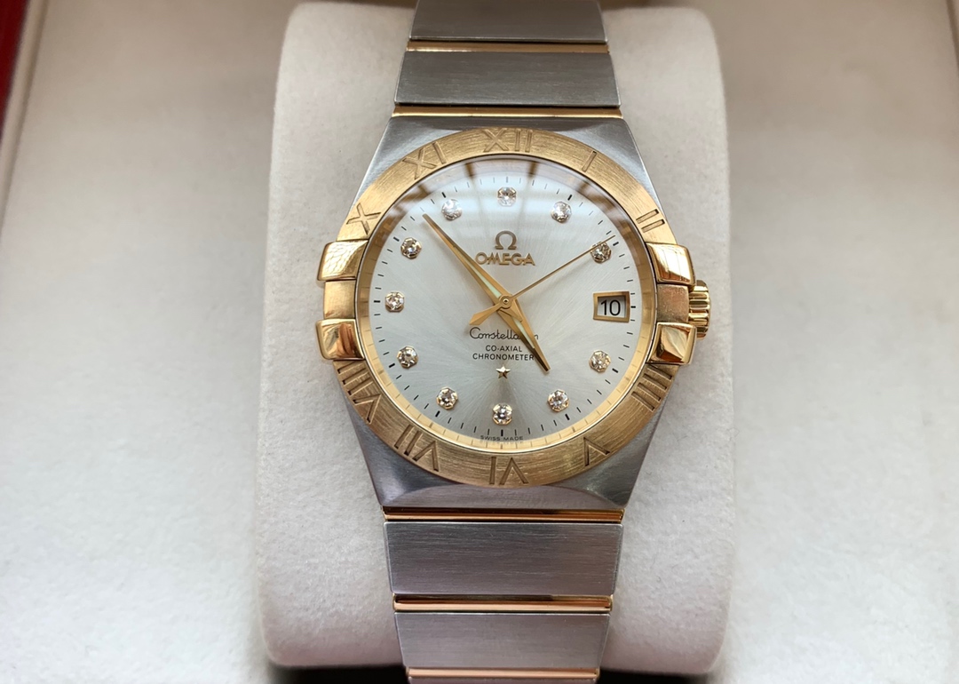 低价捡漏98新欧米茄星座18k黄金自动机械男表123.20.