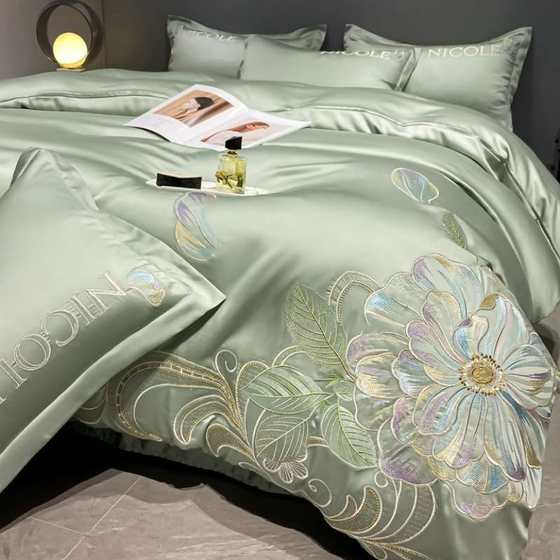 Summer washing silk bed four-piece set light luxury high-end ice silk naked sleeping silky embroidered floral quilt cover bed sheet Summer washing silk bed four-piece set light luxury high-end ice silk naked sleeping silky embroidered floral quilt cover bed sheet