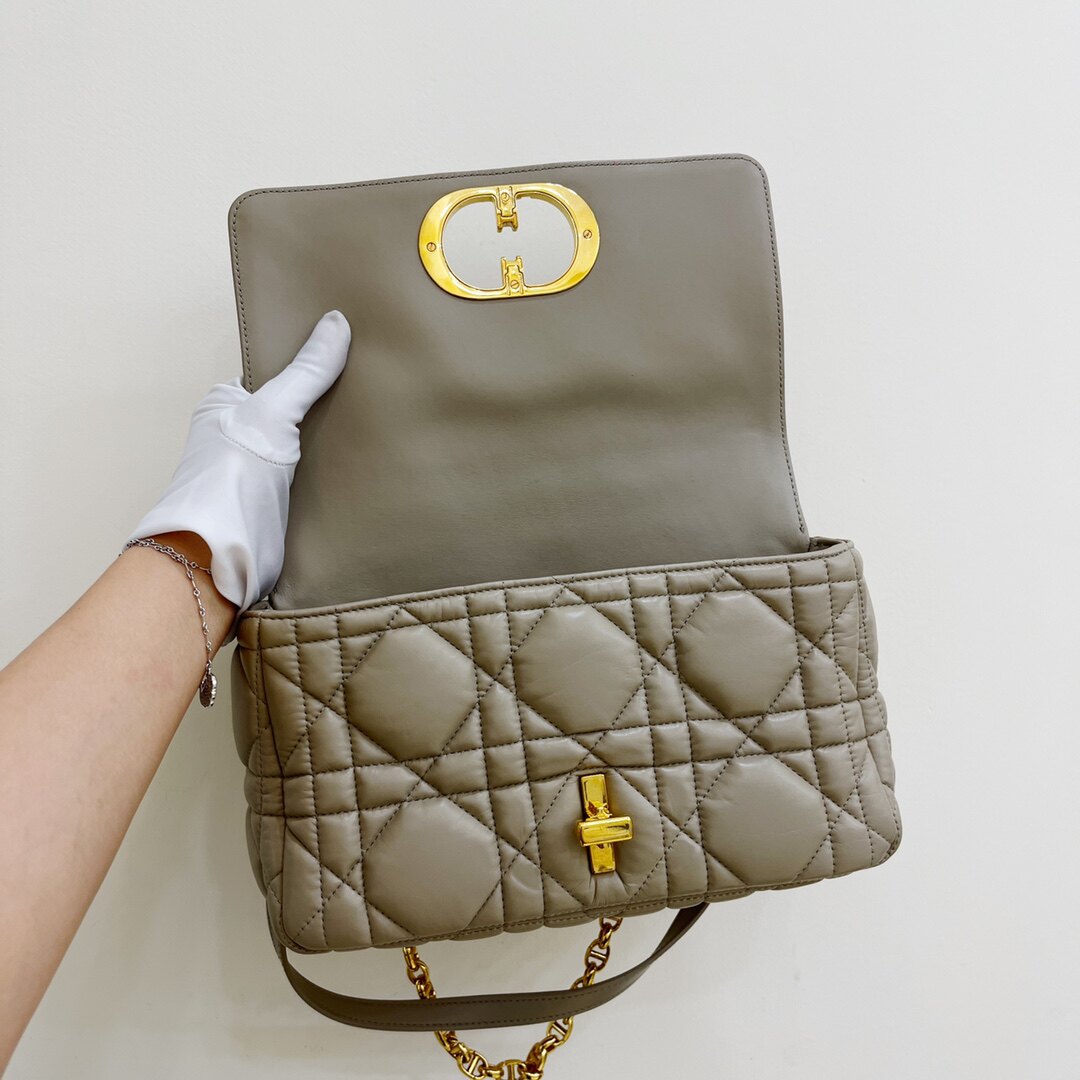 正品[9.8新]dior迪奥caro系列中号藤格纹牛皮米色金扣单肩斜挎包