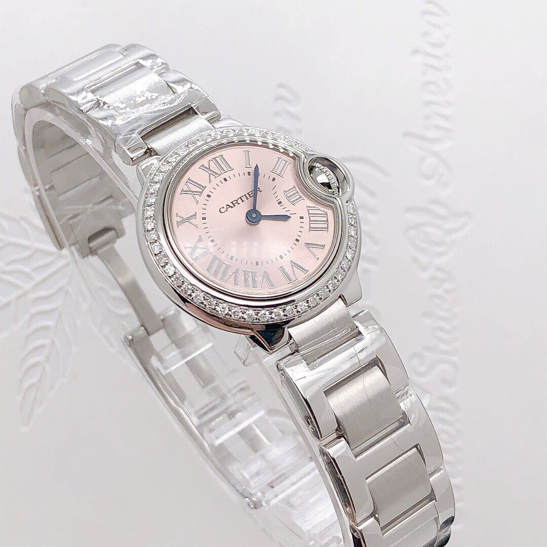 [9.8新]卡地亚女表蓝气球系列粉盘后镶钻石英腕表w6920038正品