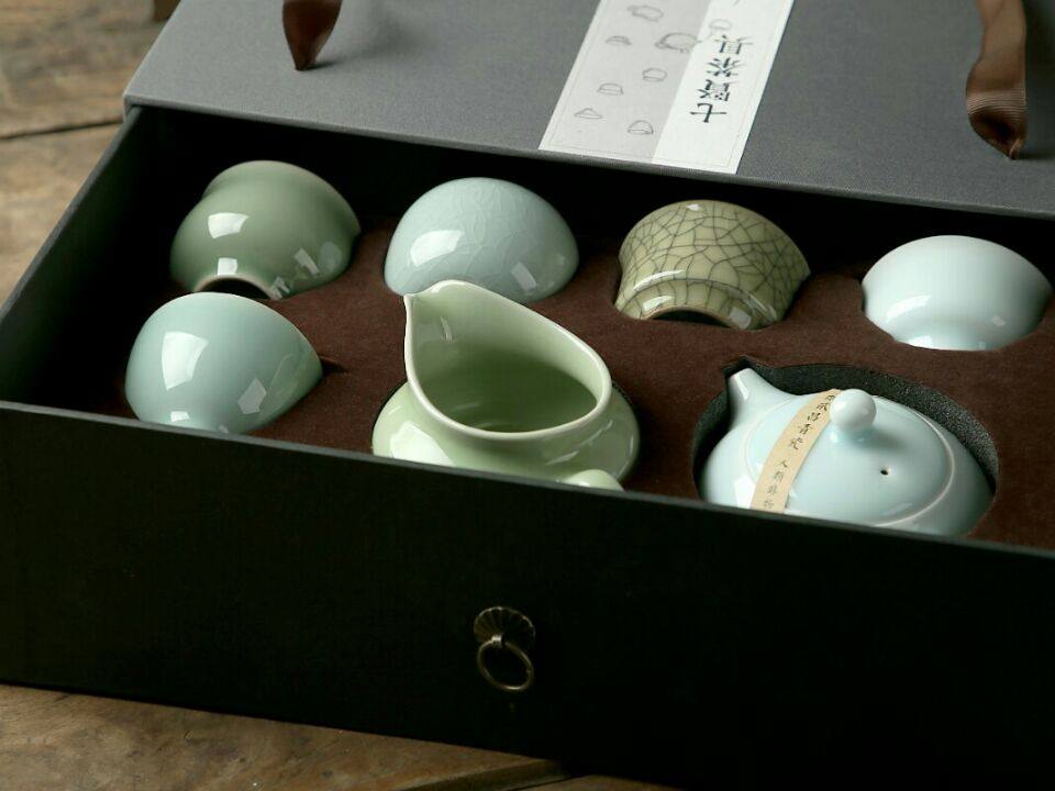 龙泉青瓷国大师张晞工作室作品新七贤功夫茶具买送哥窑杯一只