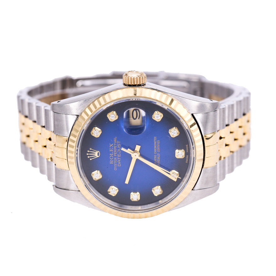 [18k黄金] [9.5新] 劳力士日志型16233蓝盘后镶钻自动机械男表