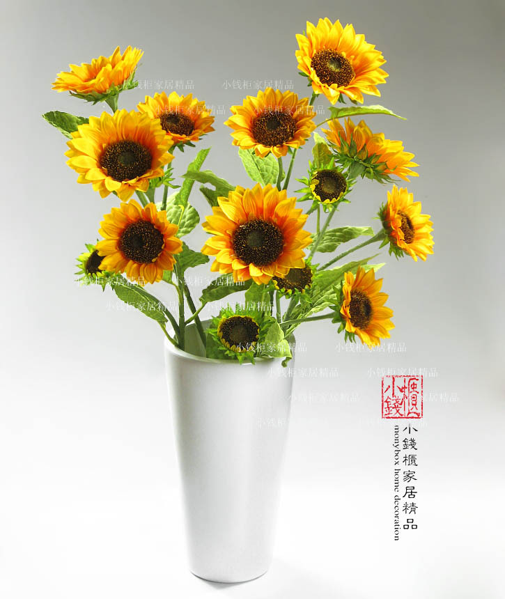 整体花艺 大型落地 5束高仿3头向日葵 大白筒陶瓷花瓶_7折现价158元