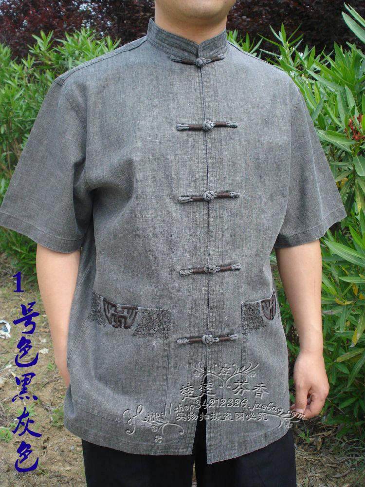 经典男唐装男士半袖上衣重磅棉麻唐装男帅气夏季短袖装_7折现价142.