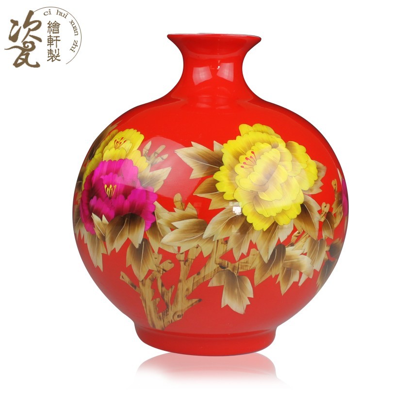 Chinese red wedding gift classical jingdezhen ceramics straw porcelain ceramic furnishings decorative vase