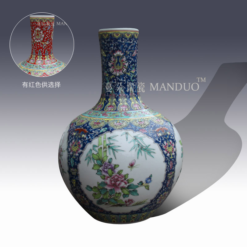 Jingdezhen manual painting of flowers and birds famille rose decoration vase elegant Chinese style lively living room furnishings vase