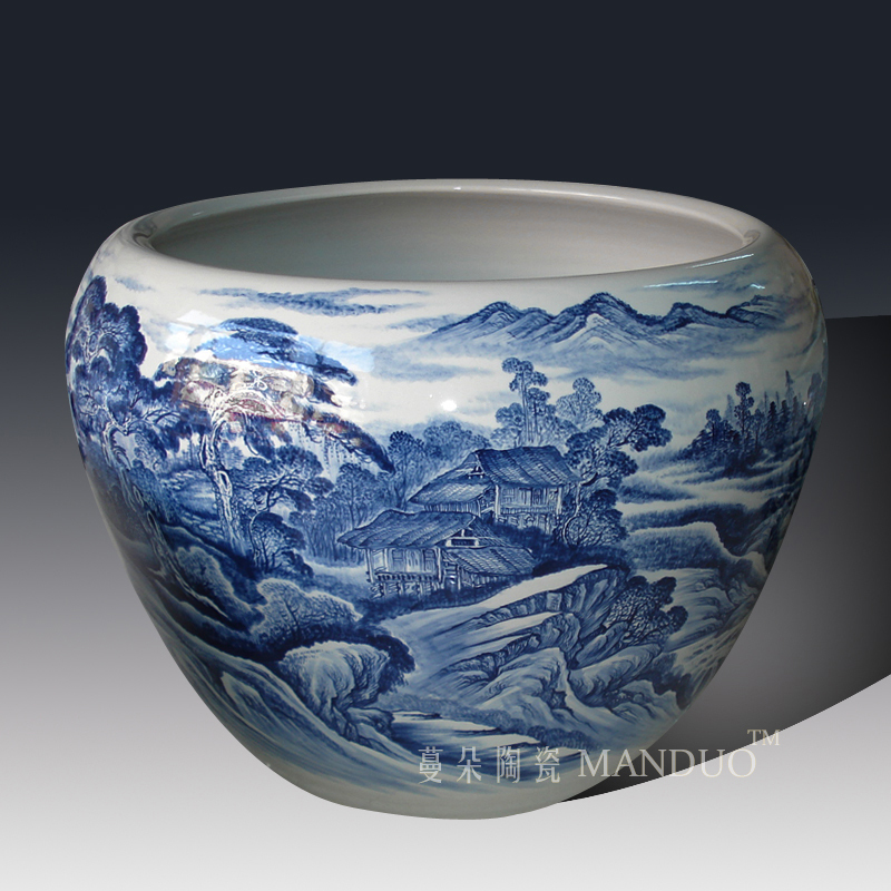 The Diameter of about 1 meter to heavy vats VAT jingdezhen blue and white porcelain king fish farming water lily is big