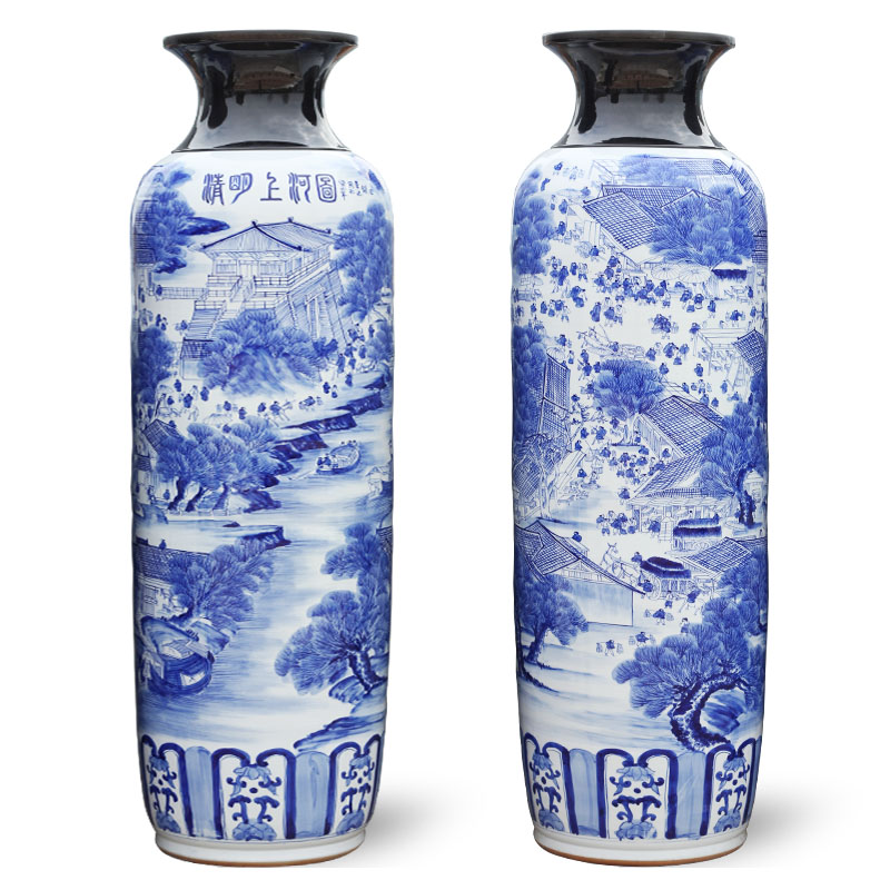 Jingdezhen ceramic hand - made large blue and white porcelain vase qingming scroll villa hotel furnishing articles large living room