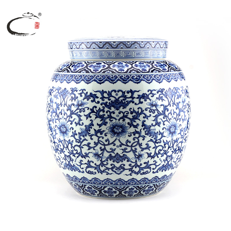 And auspicious jingdezhen blue And white large caddy fixings hand - made ceramic tea packaging gift boxes storage tank furnishing articles