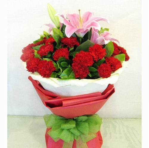 花之盟-康乃馨百合花束 西安咸阳鲜花速递 送长辈 母亲节订花