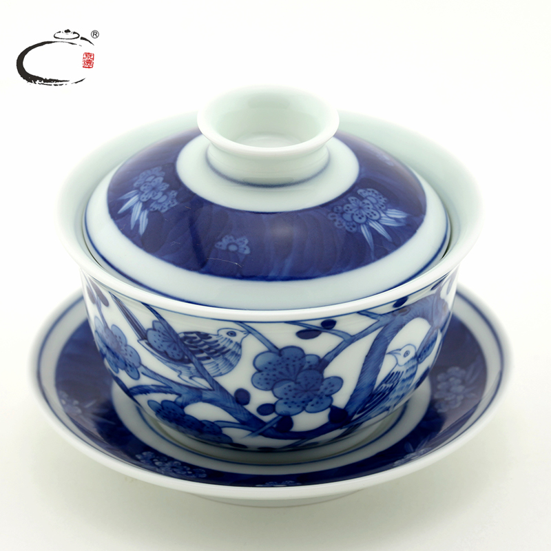 And auspicious hand - made tureen of blue And white porcelain of jingdezhen ceramic three bowl of manual cover cup tea bowl to bowl