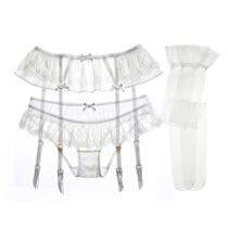European and American large size white garter set sexy lace underwear garter stockings three-piece set