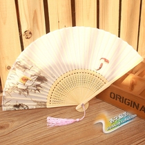 Buy 4 sends 1 Su fan genuine silk Ancient wind fan folding fan female style Chinese wind folding fan dance fan Japanese style cherry blossom small fan