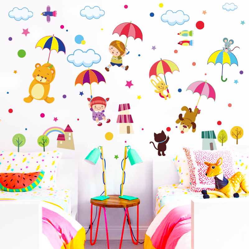 可移除卡通创意幼儿园儿童房床头浴室墙贴 动物童话雨伞墙纸贴纸产品展示图3