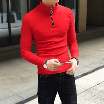 Autumn and winter trend guy slim simple plus velvet T-shirt men long sleeve Korean version of youth solid color high neck thick base shirt