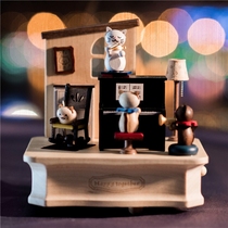 jeancard music box Music box Wooden girl birthday wedding Valentines Day gift Cat playing piano spin